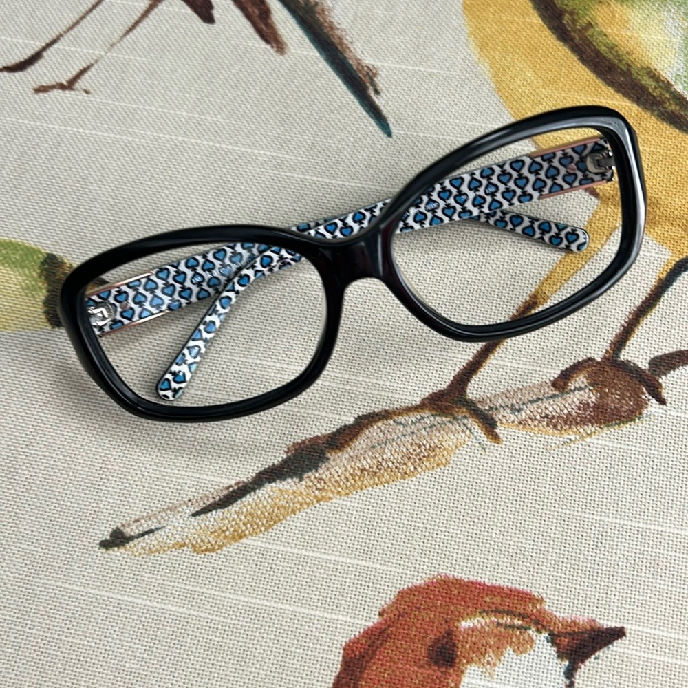 Kate Spade Black Classic Glasses with blue and black spades inside.